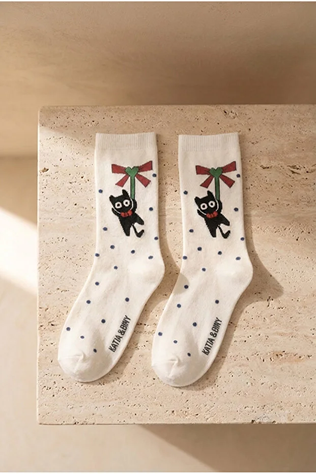 Kadın 4'lü Karışık Kedi Desenli Soket Çorap